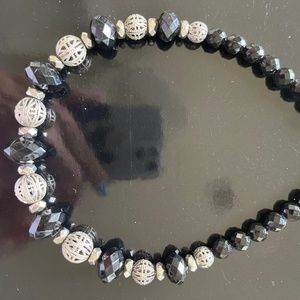 Vintage large beaded necklace- black and silver tone-